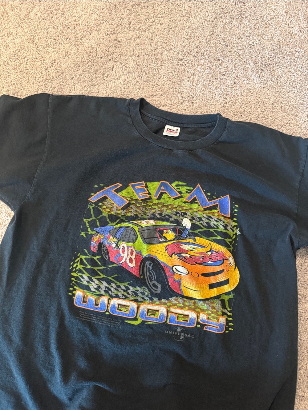 Vintage Racing Anvil Black Tee Woody the Woodpecker  Race Car Graphic 2XL